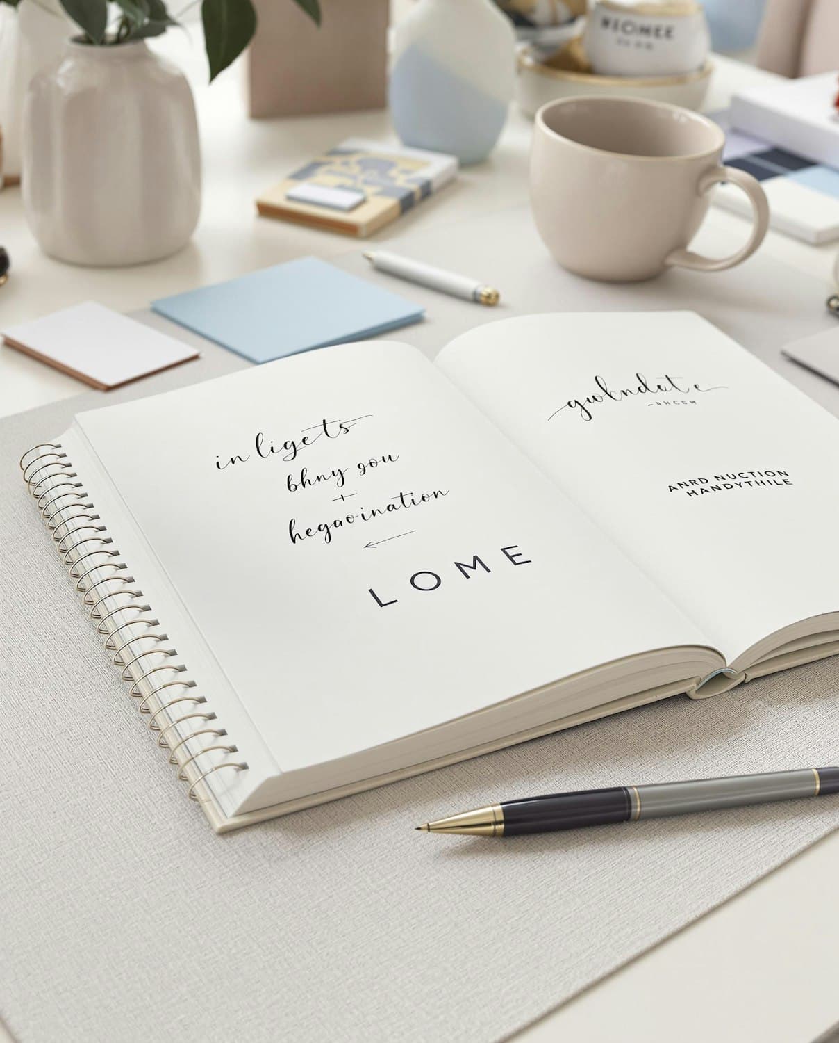 An open notebook with handwriting, a pen and a mug on a pale desk