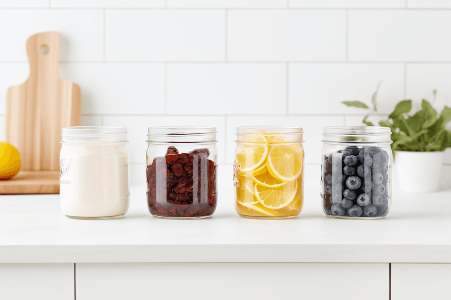Clear storage jars of dry goods lined up on a kitchen counter