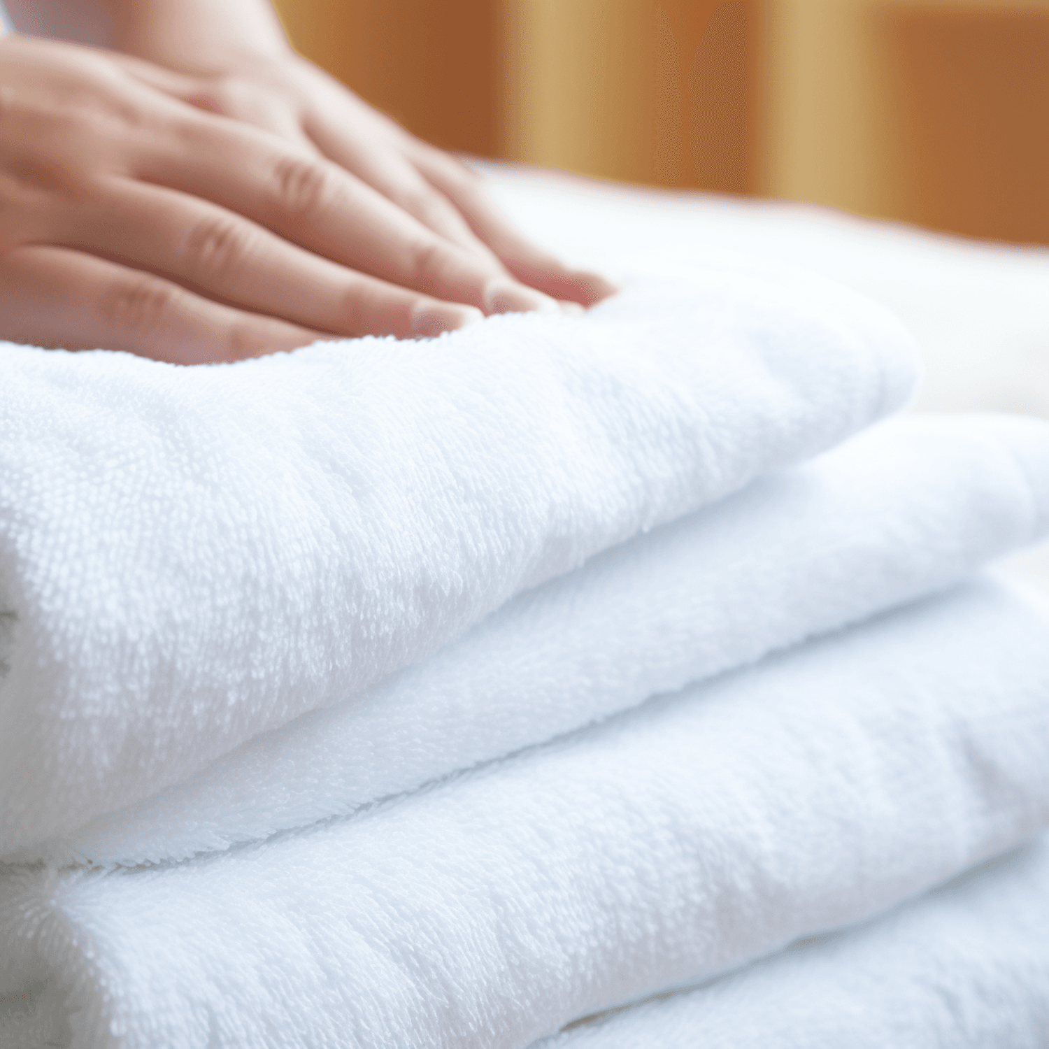 A hand resting on a neat stack of folded white bath towels