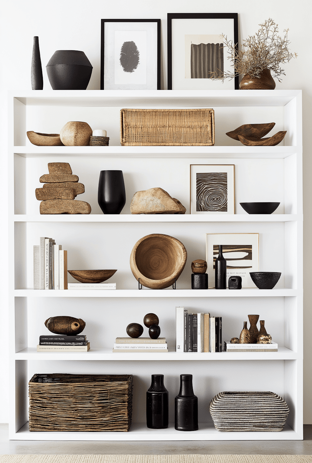 A styled white bookshelf holding books, woven baskets, ceramics and framed art