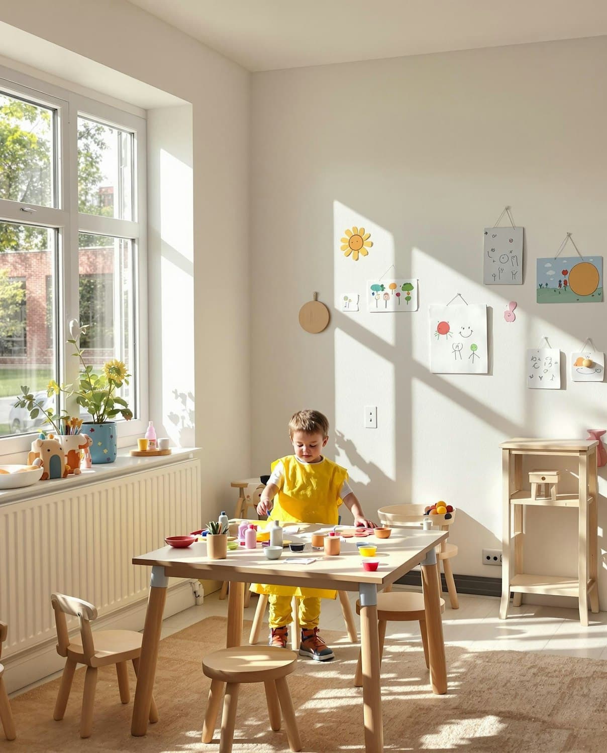 A sunlit playroom with a child painting at a wooden table surrounded by art supplies